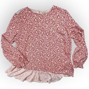 LOGI Lori Goldstein Boho Blouse Women 1X Red Cream Floral Ruffle Asymmetric QVC